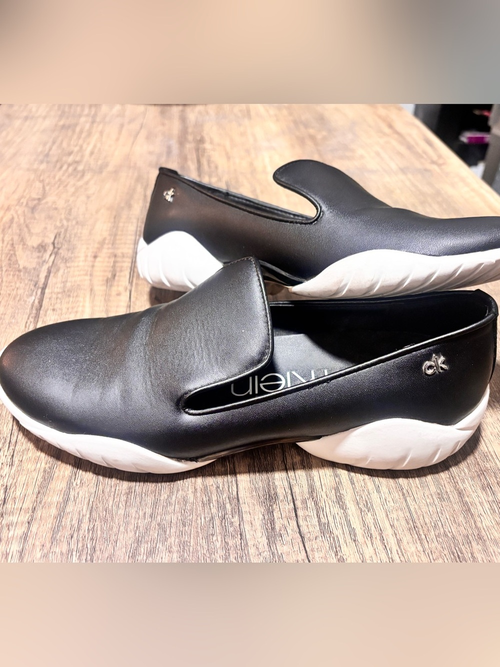Calvin Klein Black and White Leather Slip-On Loafers